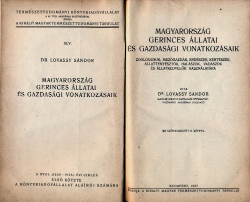 Lovassy Sándor : Magyarország gerinces állatai...