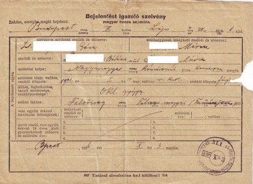 Lakhely bejelentést igazoló szelvény 