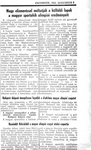 Hazatért a magyar olimpiai csapat a helsinki olimpiáról Hazatért a magyar olimpiai csapat a helsinki olimpiáról