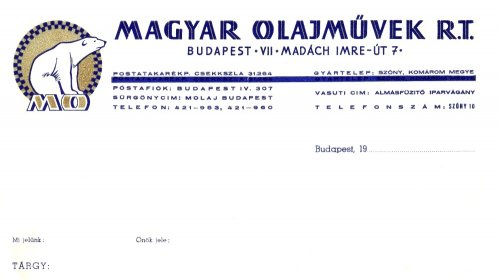 Magyar Olajművek Rt. céges levélpapírjának fejléce Magyar Olajművek Rt. céges levélpapírjának fejléce