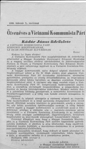 Kádár János üdvözlete a Vietnámi Kommunista Pártnak Kádár János üdvözlete a Vietnámi Kommunista Pártnak