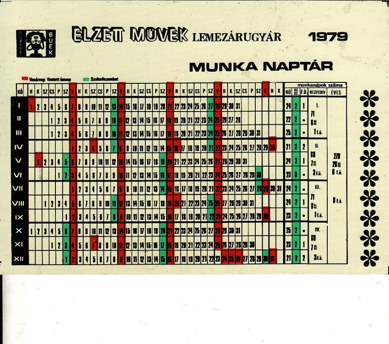 A kép hátlapján az ELZETT müvek munkanaptára