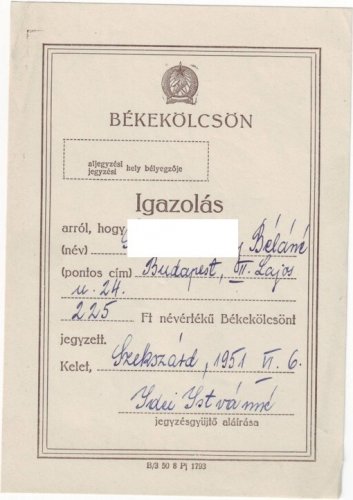 Békekölcsön befizetési igazolás 1951