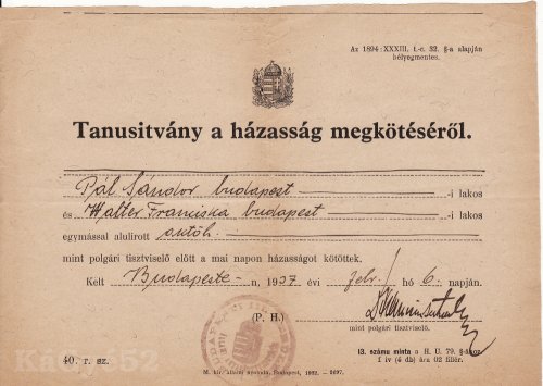 Tanúsítvány a házasság megkötéséről