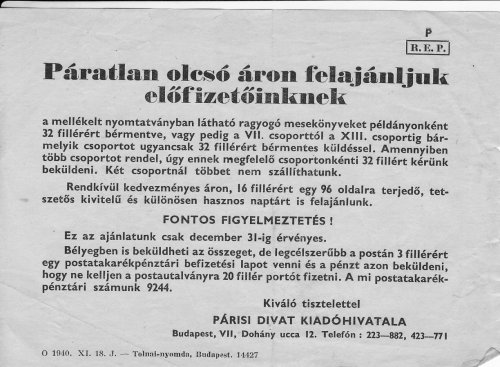 Párisi Divat előfizetési felhivása Párisi Divat előfizetési felhivása