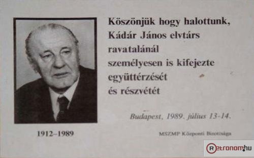 Kádár János temetési részvétel köszönete