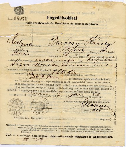 Engedélyokirat rádió-vevőberendezés Engedélyokirat rádió-vevőberendezés