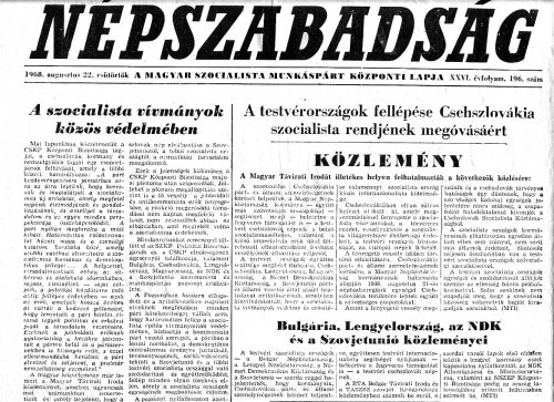 Tudósitás a Varsói Szerződés csapatainak Csehszlovákiai bevonulásáról