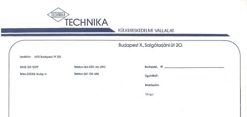 A Technika Külkereskedelmi Vállalat céges levélpapírjának fejléce