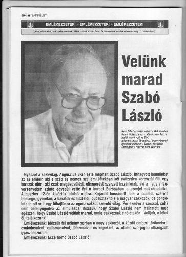 Szabó László sakk nagymester nekrológja Szabó László sakk nagymester nekrológja